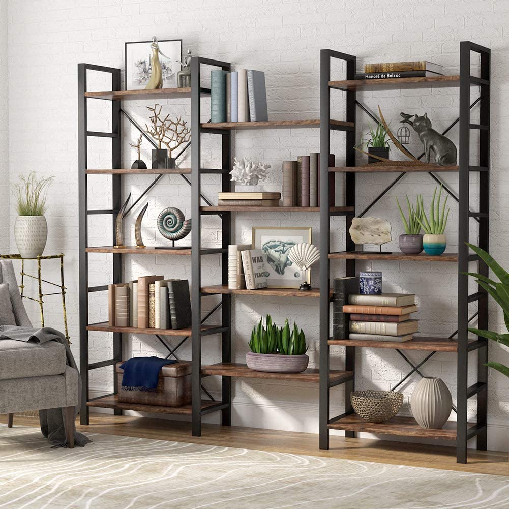 vintage triple wide 5-shelf bookcases wood and metal home office open bookshelf